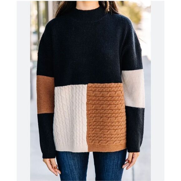 Andree by Unit Color Block Knit Sweater Small Black Tan Cream Oversized Wide Tur - Picture 7 of 7